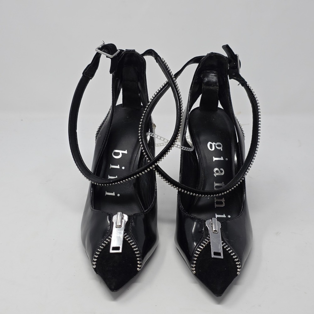 Gianni Bini Black Patent Zipper Trim Pointed Toe Ankle Strap Stiletto Heels 5.5M